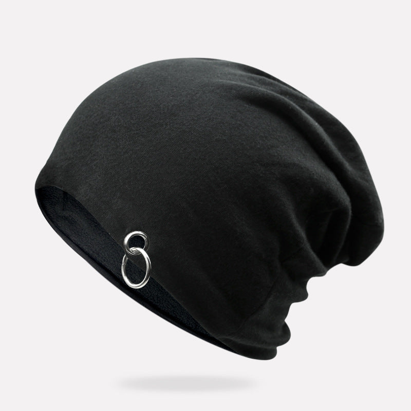 Thin Solid Color Knitted Hat Silver Hoop