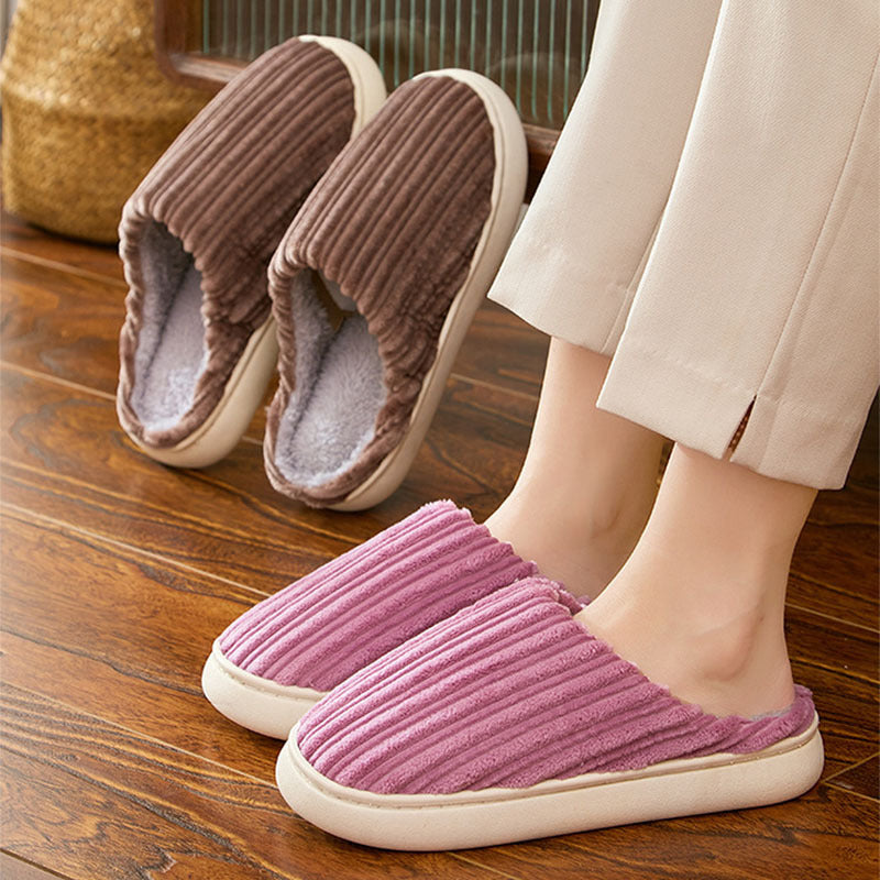 Fashion Corduroy Stripe Slippers For Women Warm Winter House Shoes Indoor Floor Bedroom Solid Color Non-slip Plush Slippers
