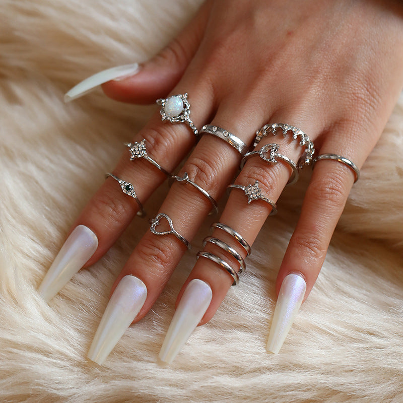 Vintage Opal Rhinestone Star Moon 13 Pieces Set Rings