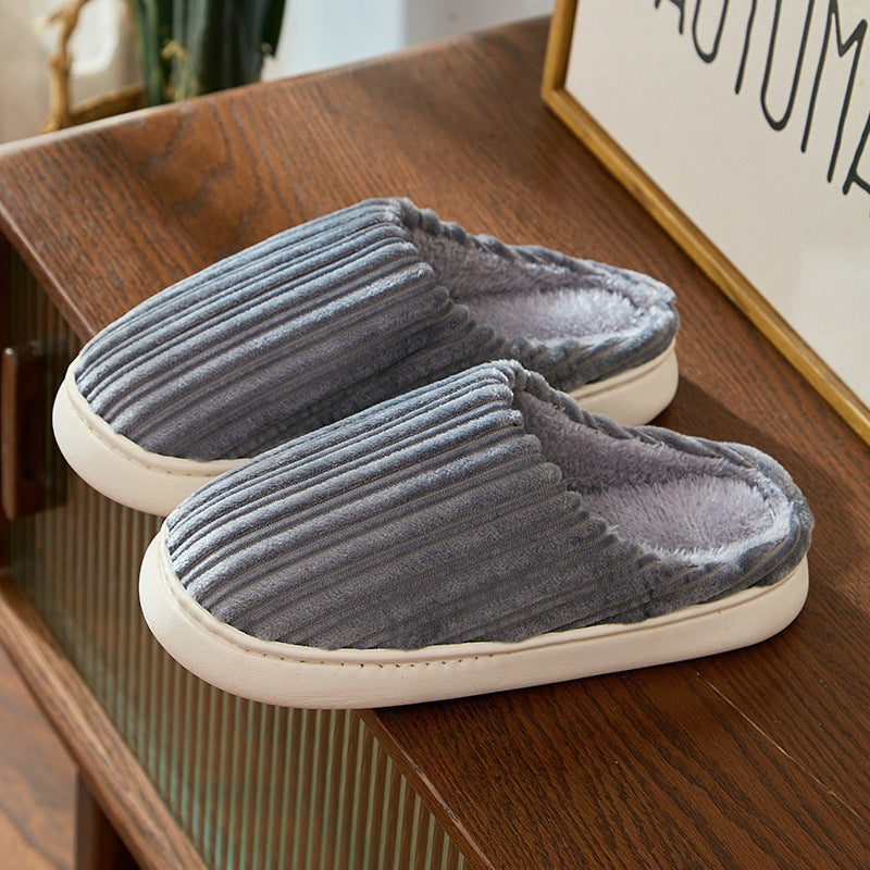 Fashion Corduroy Stripe Slippers For Women Warm Winter House Shoes Indoor Floor Bedroom Solid Color Non-slip Plush Slippers
