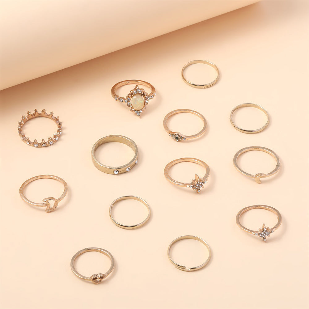 Vintage Opal Rhinestone Star Moon 13 Pieces Set Rings