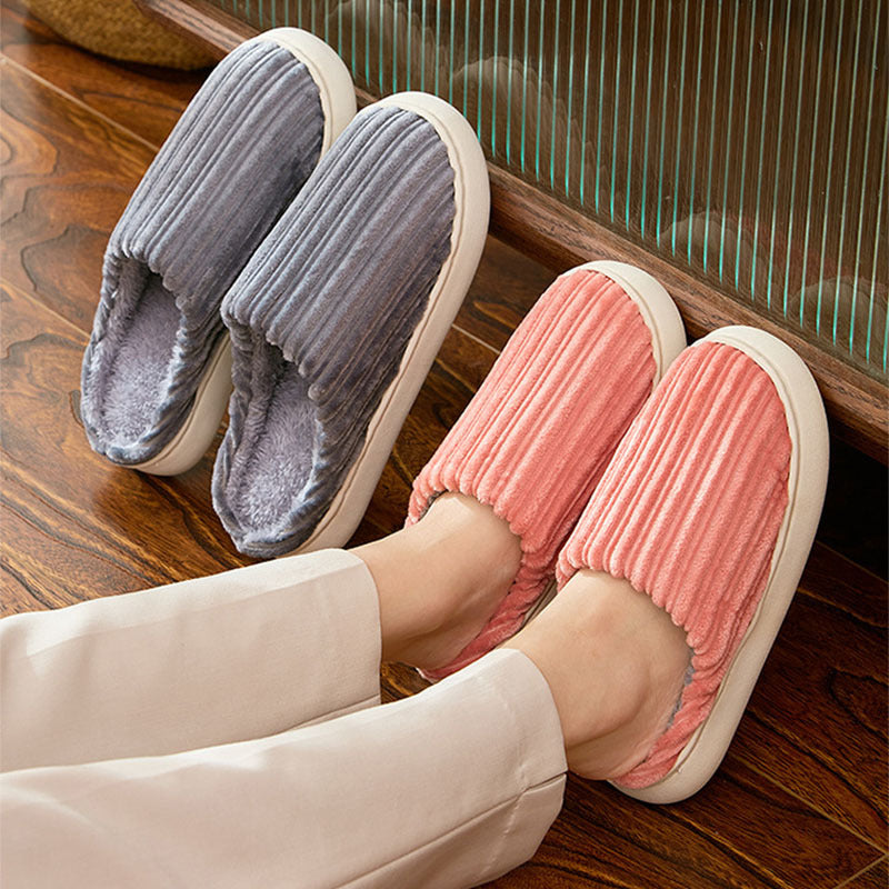 Fashion Corduroy Stripe Slippers For Women Warm Winter House Shoes Indoor Floor Bedroom Solid Color Non-slip Plush Slippers