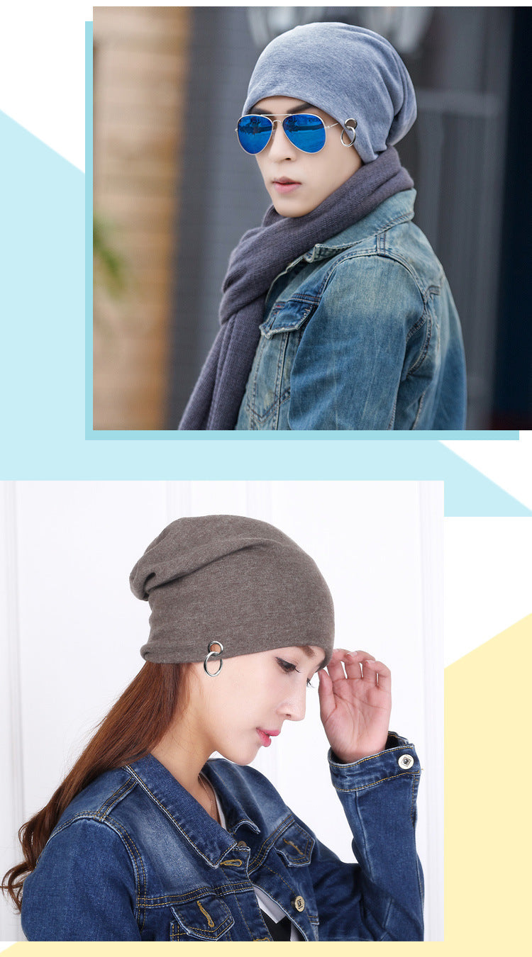 Thin Solid Color Knitted Hat Silver Hoop