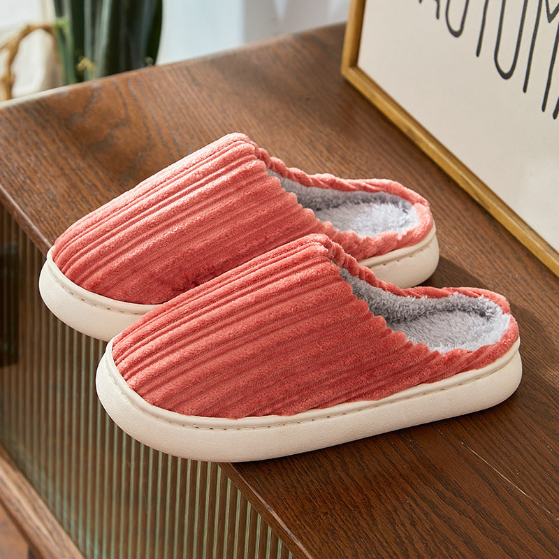 Fashion Corduroy Stripe Slippers For Women Warm Winter House Shoes Indoor Floor Bedroom Solid Color Non-slip Plush Slippers