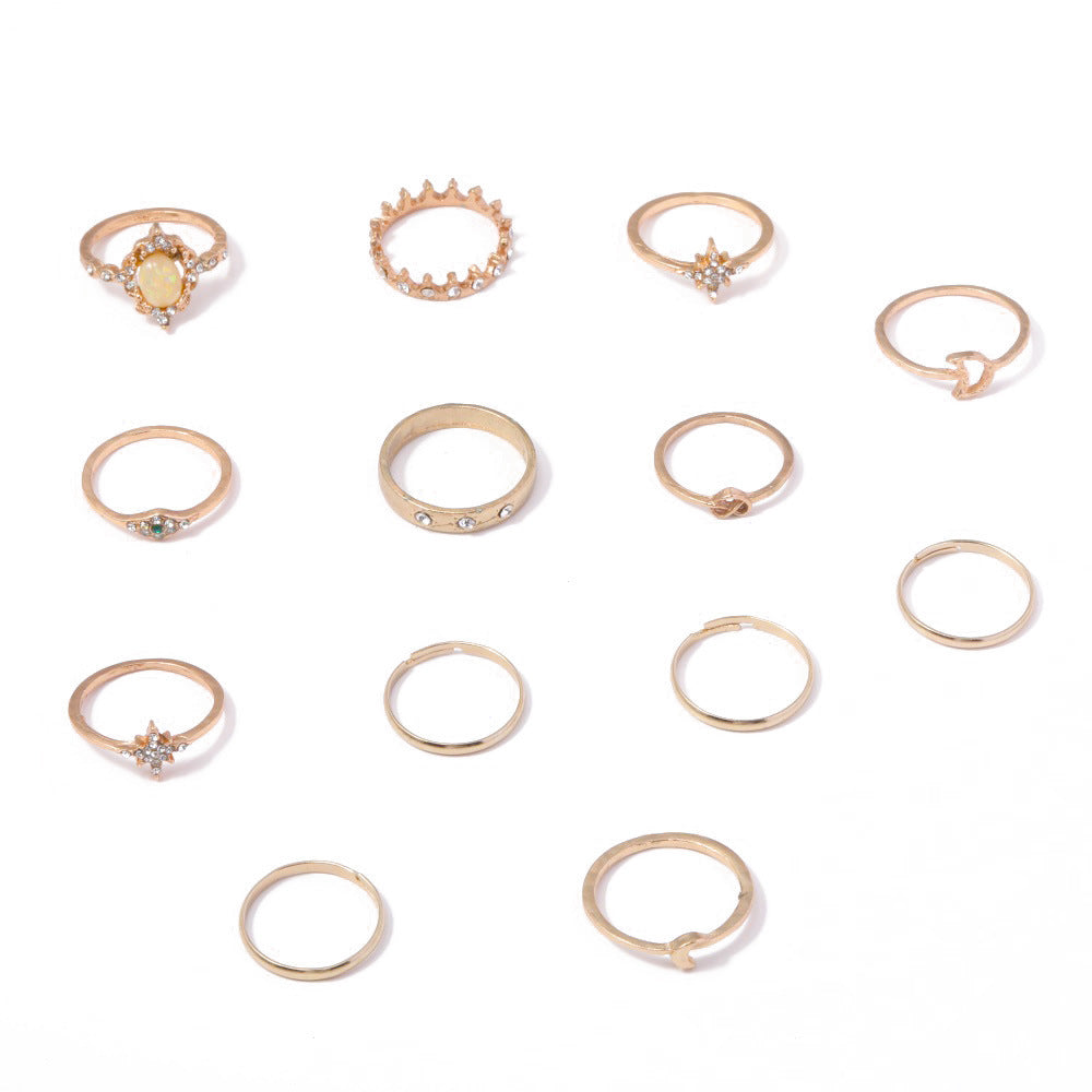 Vintage Opal Rhinestone Star Moon 13 Pieces Set Rings