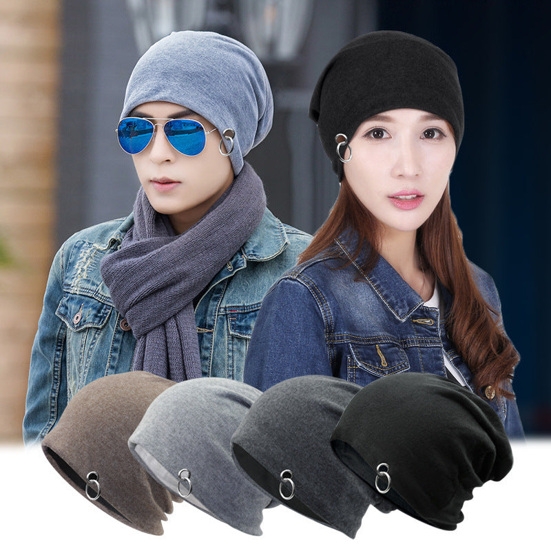 Thin Solid Color Knitted Hat Silver Hoop