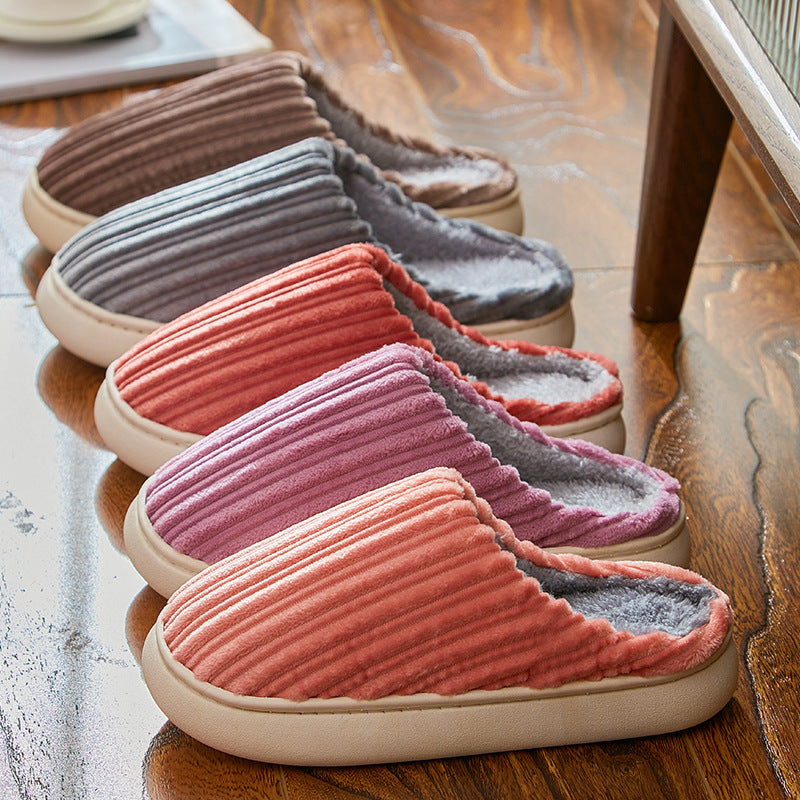 Fashion Corduroy Stripe Slippers For Women Warm Winter House Shoes Indoor Floor Bedroom Solid Color Non-slip Plush Slippers
