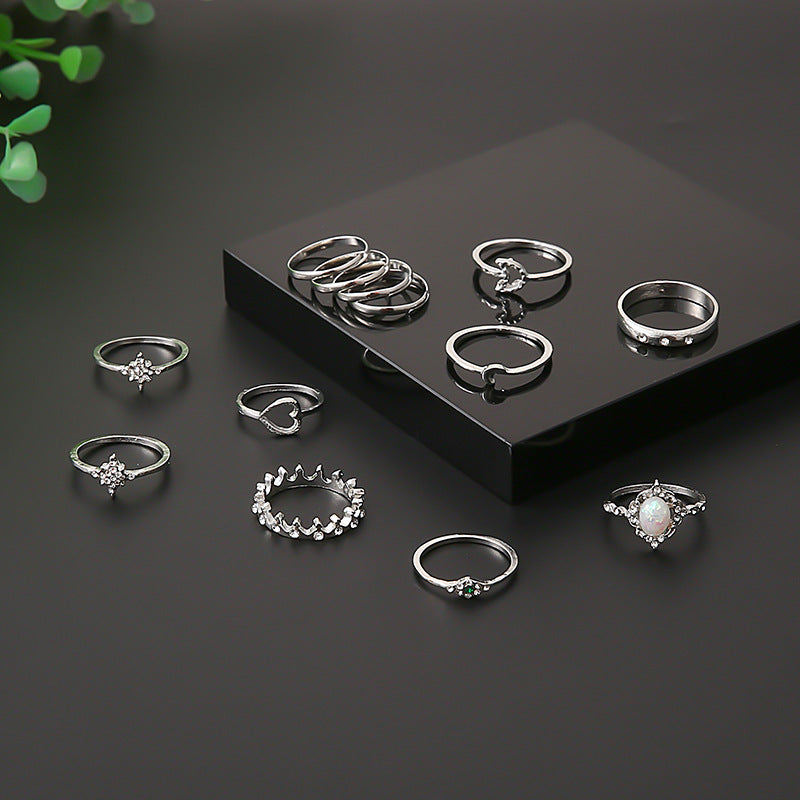 Vintage Opal Rhinestone Star Moon 13 Pieces Set Rings