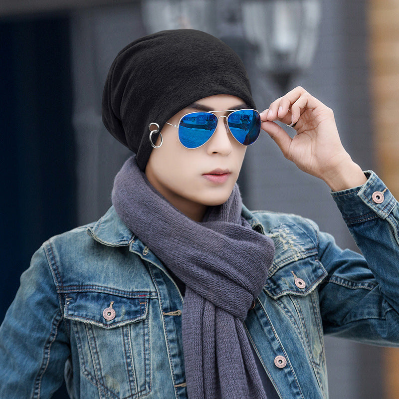 Thin Solid Color Knitted Hat Silver Hoop