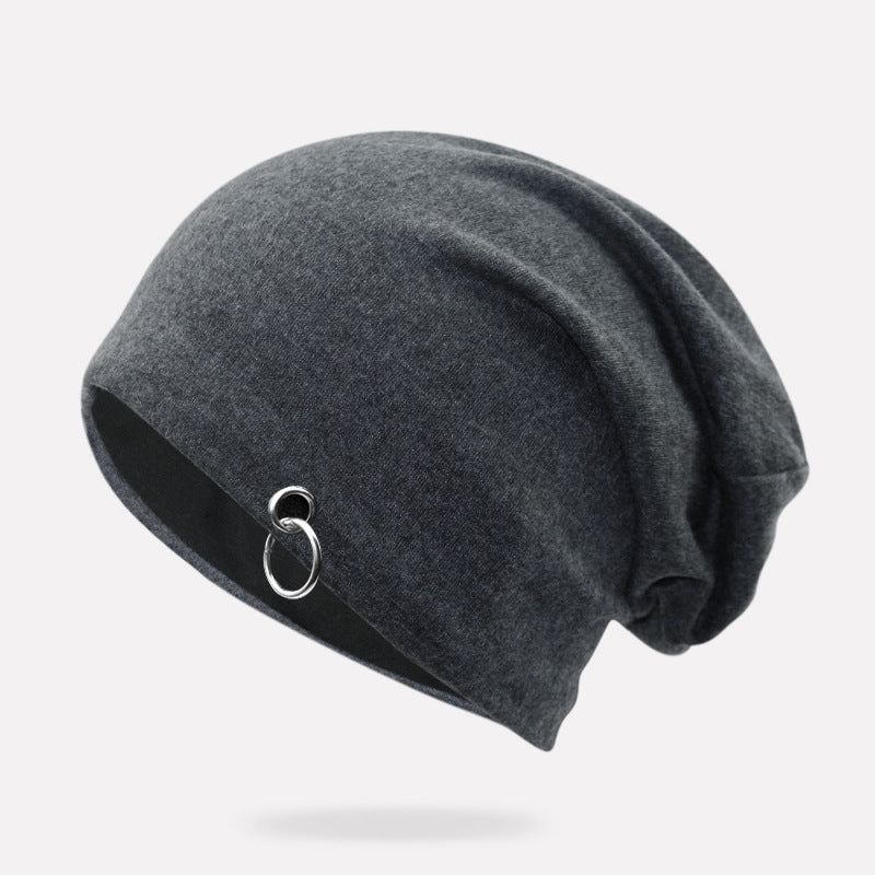 Thin Solid Color Knitted Hat Silver Hoop