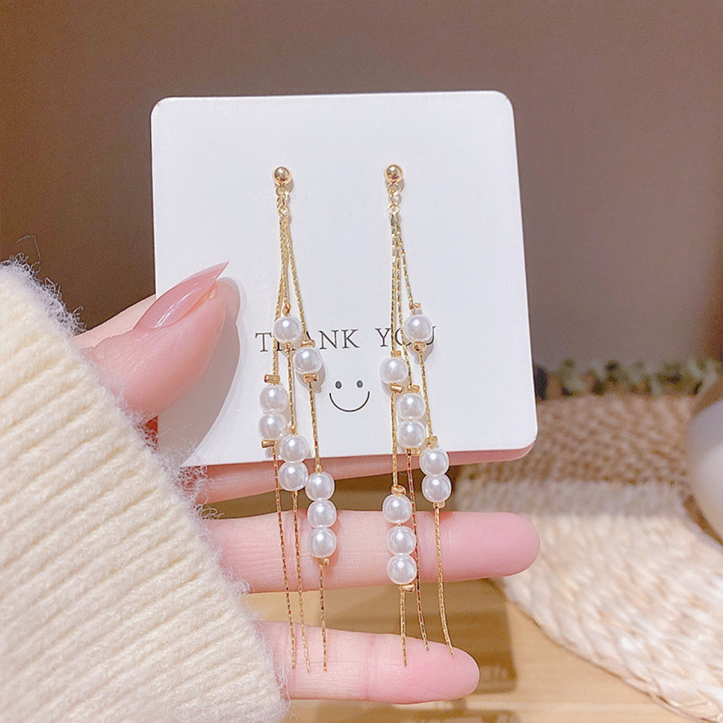Temperamental Fairy Long Pearl Tassel Earrings High-grade Slimming
