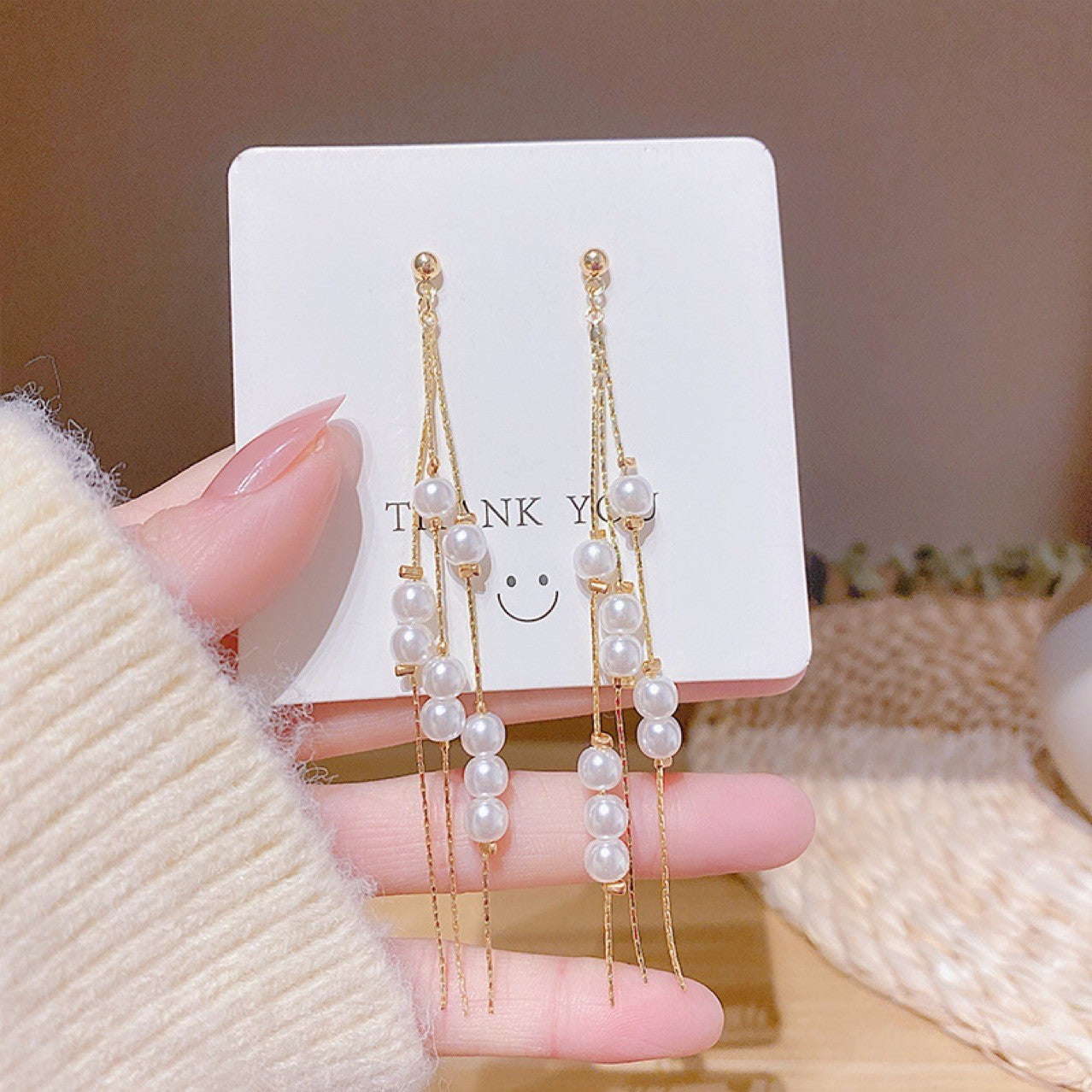 Temperamental Fairy Long Pearl Tassel Earrings High-grade Slimming
