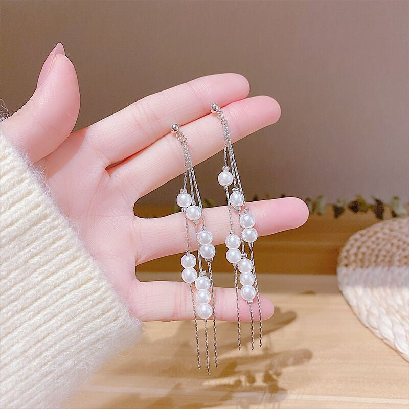 Temperamental Fairy Long Pearl Tassel Earrings High-grade Slimming