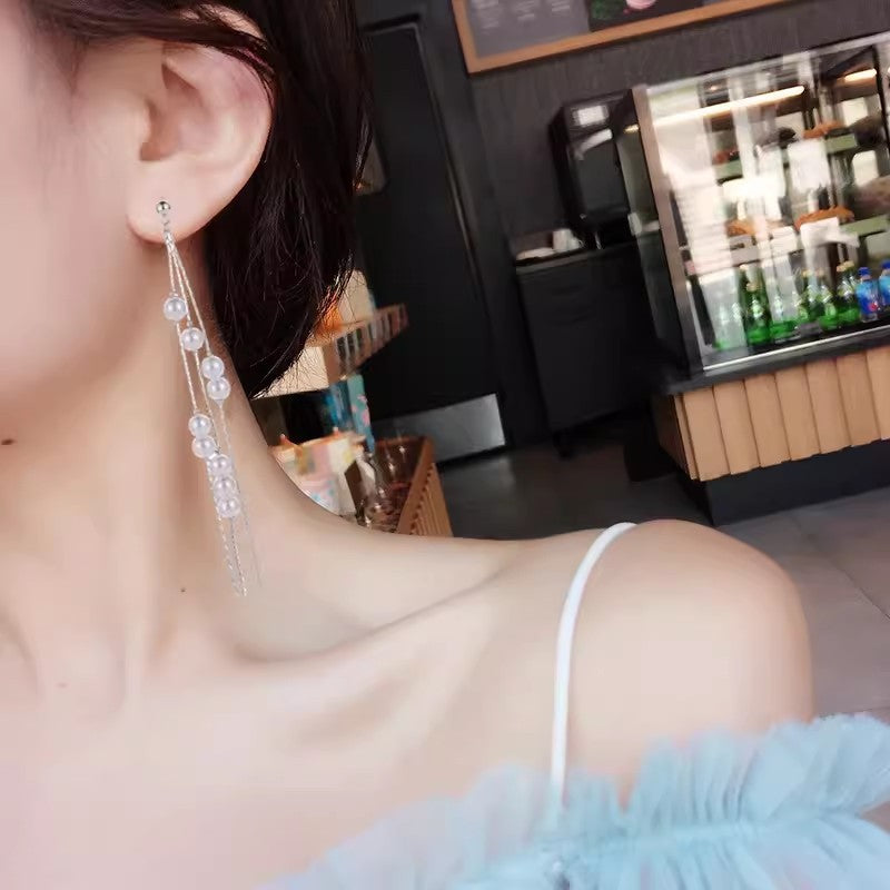 Temperamental Fairy Long Pearl Tassel Earrings High-grade Slimming