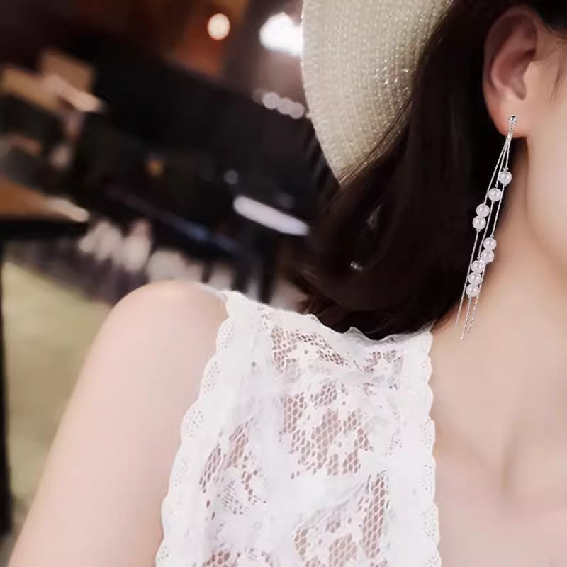 Temperamental Fairy Long Pearl Tassel Earrings High-grade Slimming