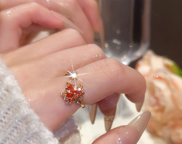 Zircon Red Maple Leaf Ring Female Fashion High Sense Opening Adjustable Design Index Finger Ring