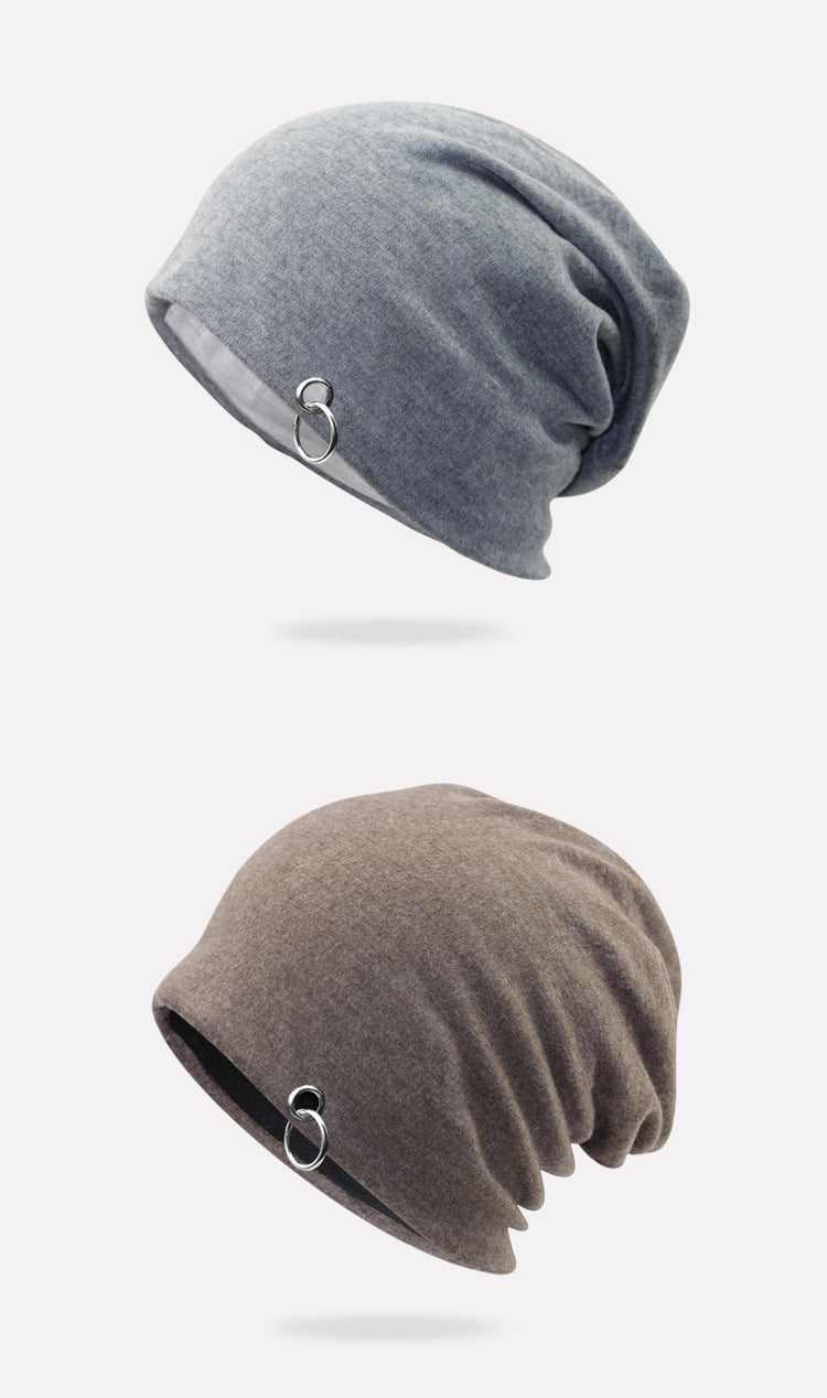 Thin Solid Color Knitted Hat Silver Hoop