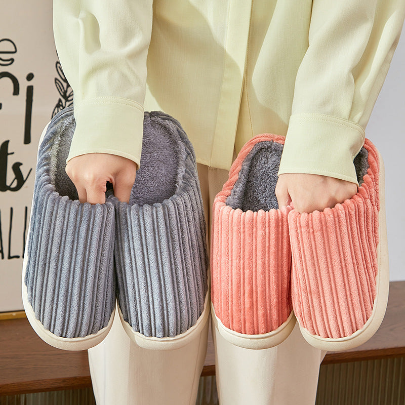 Fashion Corduroy Stripe Slippers For Women Warm Winter House Shoes Indoor Floor Bedroom Solid Color Non-slip Plush Slippers